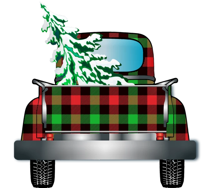 a truck with a christmas tree in the back, by Susan Heidi, digital art, tartan garment, backshot, gif, black fir