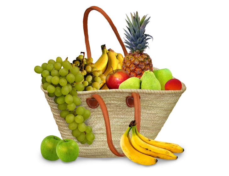 a basket filled with lots of different types of fruit, a digital rendering, handbag, the background is black, digital photo, brazil