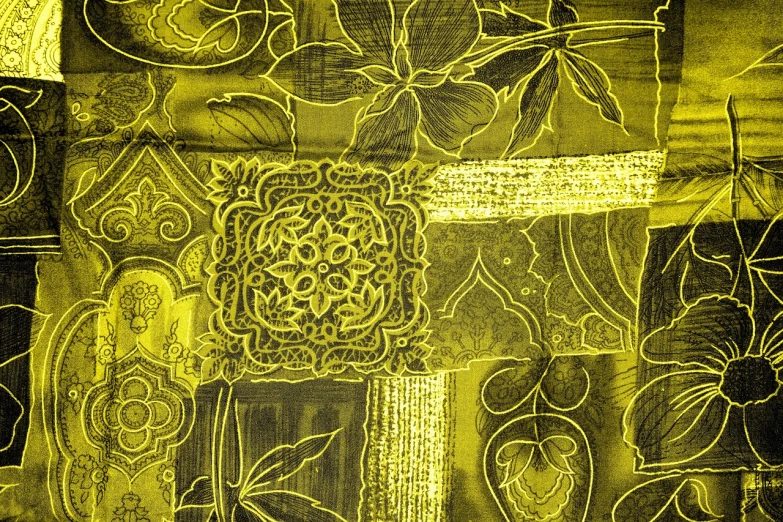 a close up of a quilt with a cross on it, a silk screen, inspired by Elizabeth Shippen Green, flickr, art nouveau, worn mono - yellow wallpaper, 1960s orientalism, intricate”, fluorescent