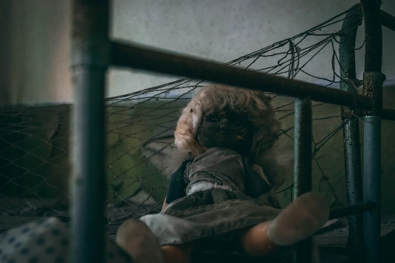 a close up of a doll on a bed, by Elsa Bleda, unsplash, post apocalyptic theme park, with cobwebs, slide show, derelict
