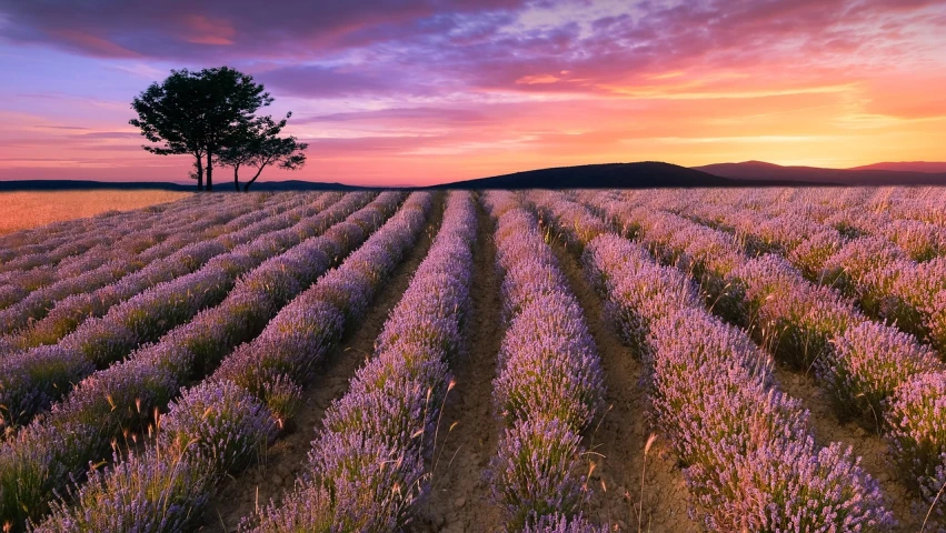 a field of lavender with a lone tree in the distance, inspired by Phil Koch, shutterstock, mobile wallpaper, lavender blush, portugal, wallpaper - 1 0 2 4