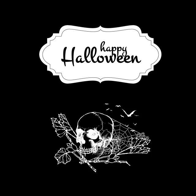 a skull and a spider web on a black background, card back template, happy, label, holiday