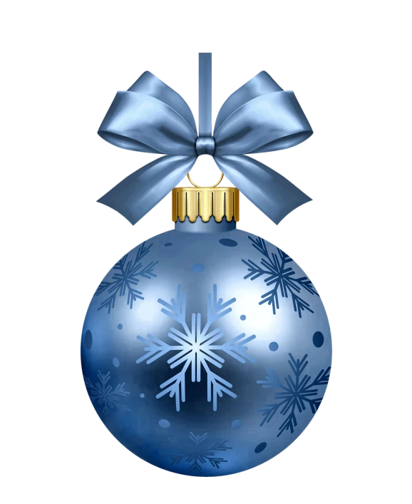 a blue christmas ornament with a bow and snowflakes, a digital rendering, on a flat color black background, background image, various posed, clipart