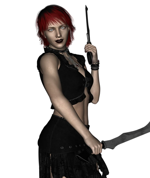 a woman with red hair holding a pair of scissors, a 3D render, inspired by Shani Rhys James, gothic art, holding bow and arrow, (((dark colors))), far - mid shot, wearing gothic accessories