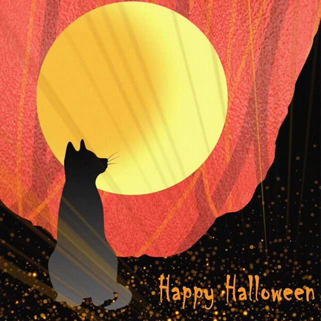 a black cat sitting in front of a full moon, a picture, by Maeda Masao, pixabay, sōsaku hanga, halloween ghost under a sheet, shining gold and black and red, 4k high res, with radiating hill