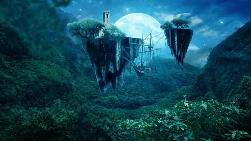 a ship sitting on top of a lush green hillside, inspired by Alexander Jansson, fantasy art, forest and moon, beautiful avatar pictures, island floating in the sky, photo manipulation