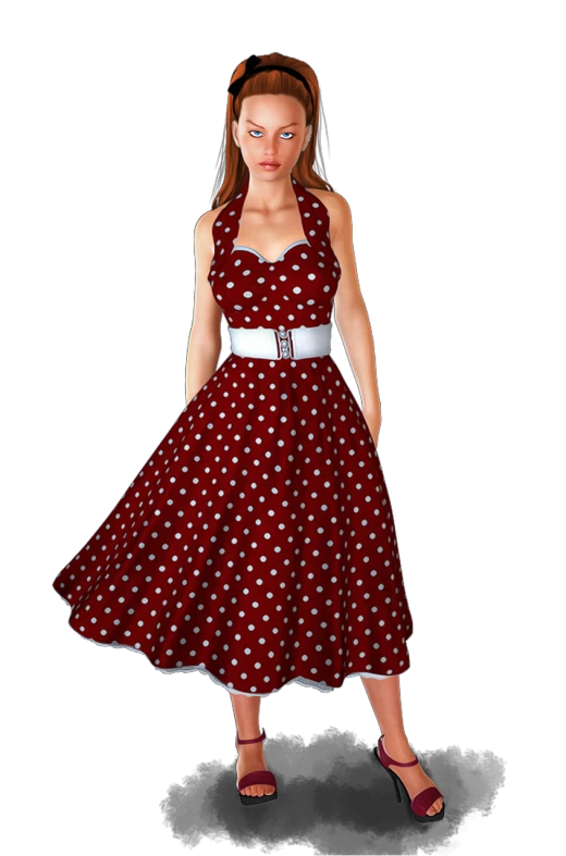 a woman in a red polka dot dress, a digital rendering, tumblr, rockabilly style, wearing fantasy formal clothing, h 576, ingame
