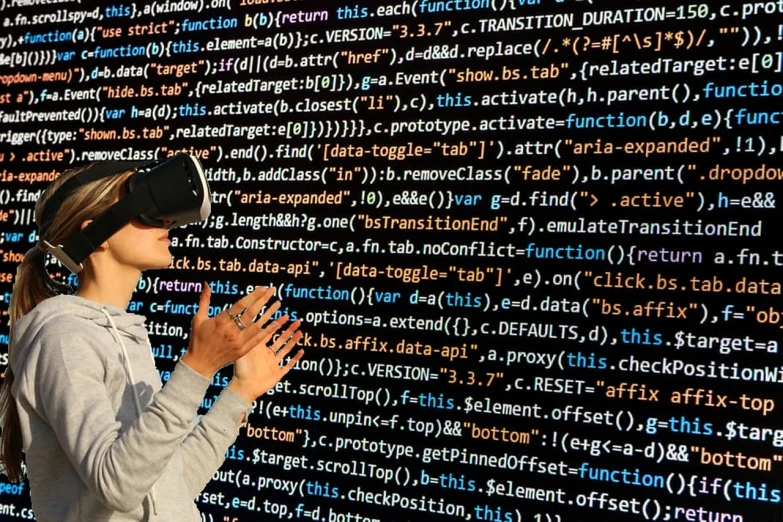 a woman standing in front of a wall of code, a digital rendering, by Matthias Stom, pixabay, interactive art, vr goggles, with index finger, in front of a computer, photograph credit: ap