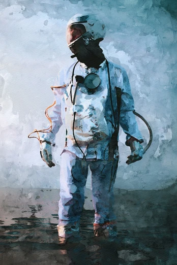 a painting of a man wearing a gas mask, digital art, plague and fever. full body, watercolor digital painting, with a lab coat, photo manipulation