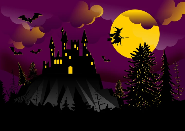 a castle sitting on top of a hill under a full moon, vector art, by Maxwell Bates, shutterstock, folk art, witch in the woods, 1128x191 resolution, whole page illustration, halloween theme