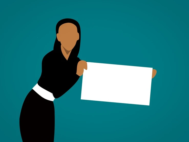 a woman in a black dress holding a white sign, an illustration of, pixabay, teal paper, server, business clothes, powerful detail