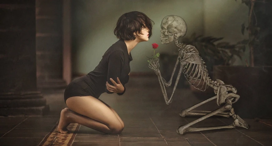 a woman kneeling down in front of a skeleton, by Hedi Xandt, cgsociety contest winner, holding a rose, whispers, dragan bibin, cute skeleton