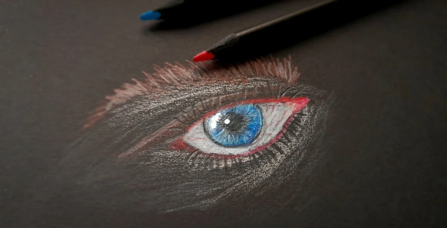 a close up of a drawing of a cat's eye, a color pencil sketch, by Anna Haifisch, featured on zbrush central, dark blue and red, on black paper, a portrait of a blue eye girl, pencil and charcoal