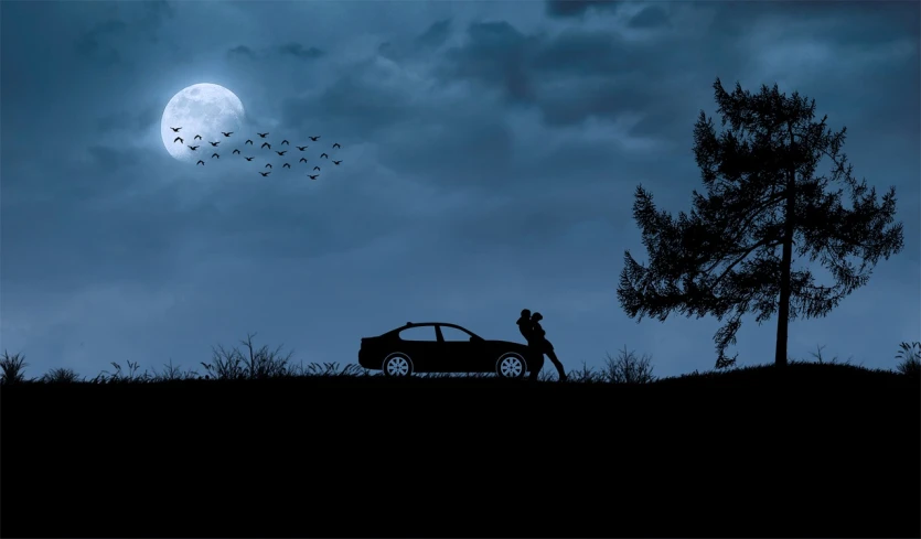 a man standing next to a car under a full moon, by Mathias Kollros, pixabay contest winner, conceptual art, hunting, silhouettes in field behind, chasing action scene, romantic scene