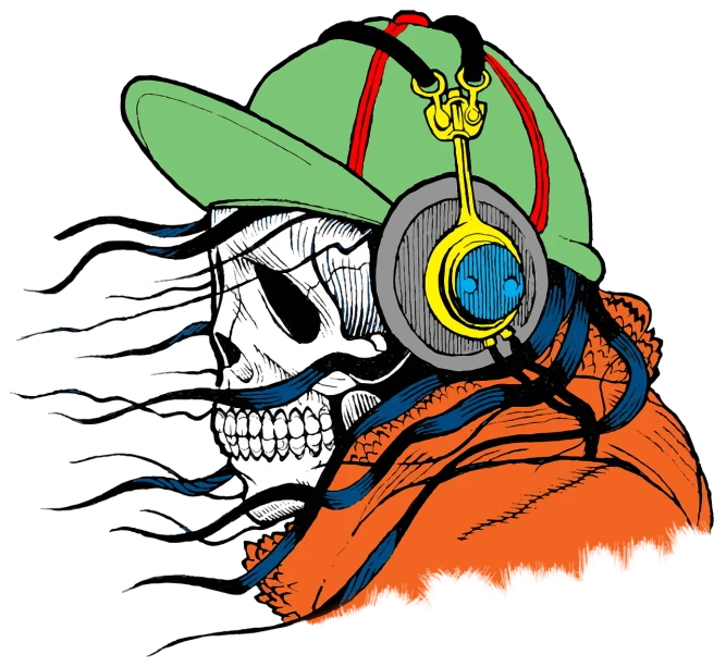 a skull wearing headphones and a green hat, a digital rendering, sots art, full color illustration, agent orange, ocean dept, crips