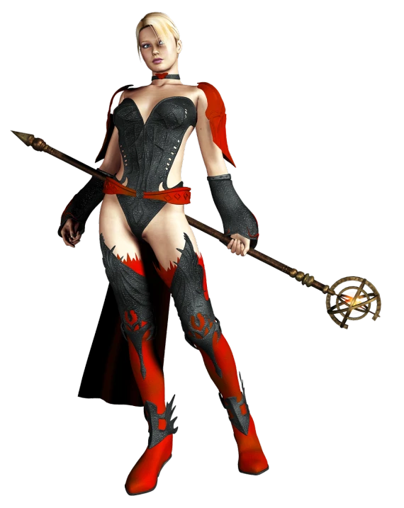 a woman dressed in black and red holding a sword, inspired by Li Mei-shu, zbrush central contest winner, maya ali as a cyber sorceress, 3 d render of a full female body, fire!! full body, harley quinn standing