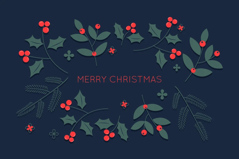 a wreath of holly leaves and red berries, an illustration of, inspired by Ernest William Christmas, shutterstock, dark flat color background, navy, simple and clean illustration, paper cut out