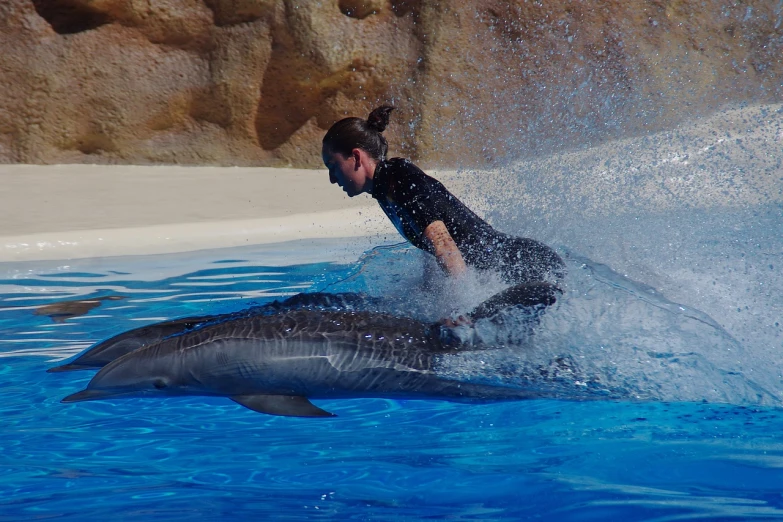 a woman riding on top of a dolphin in a pool, a photo, by Micha Klein, pixabay, arabesque, 🦩🪐🐞👩🏻🦳, young female, working hard, taken in zoo