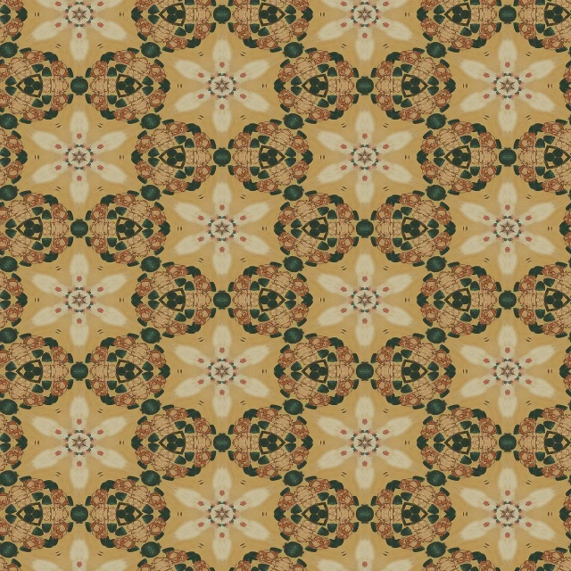 a pattern of flowers and leaves on a yellow background, a mosaic, inspired by Stanley Spencer, trending on pixabay, earth tones and soft color 1976, symetrical japanese pearl, star, wallpaper!