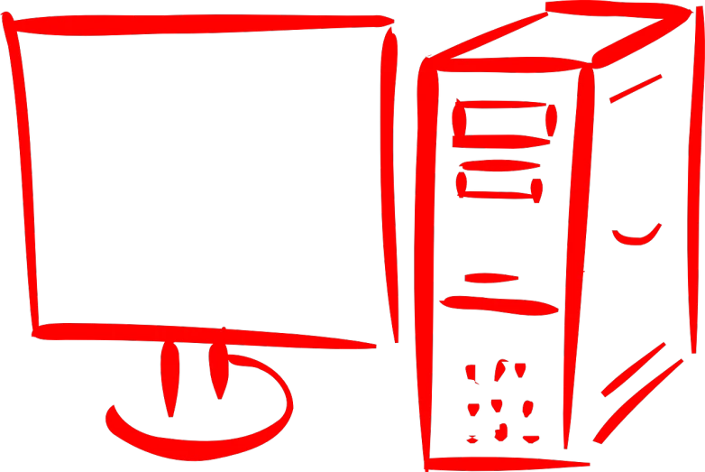 a computer monitor sitting on top of a desk, by Andrei Kolkoutine, deviantart contest winner, computer art, it has a red and black paint, doodle, using his desktop pc, black!!!!! background