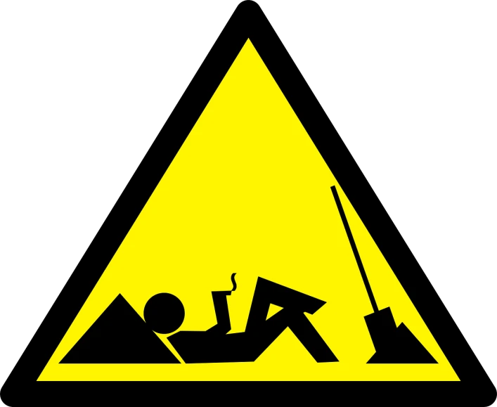 a yellow triangle with a man laying on top of it, an illustration of, big shovel, accurate illustration, funny photo, sticker illustration