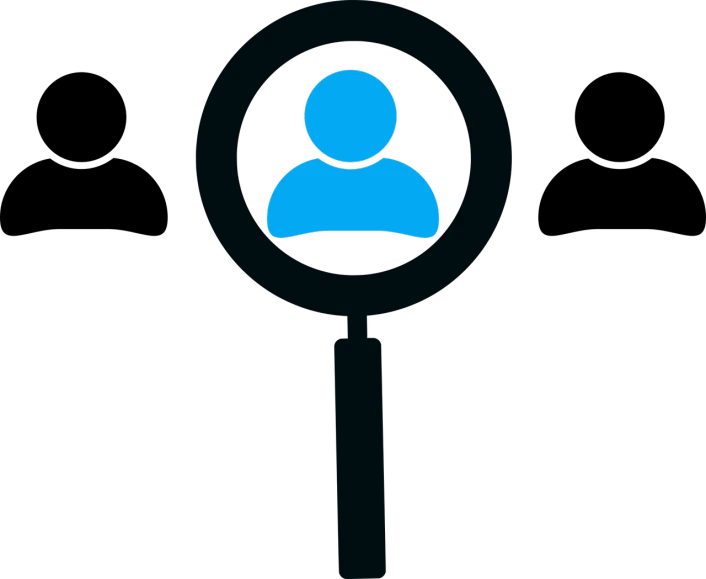 a blue person under a magnifying glass, on a flat color black background, professional profile picture, listing image, holding a staff