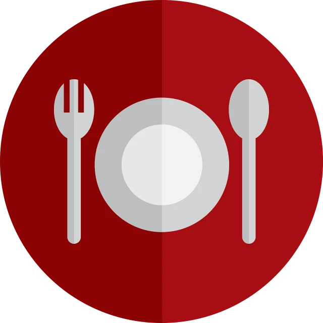 a plate, fork, spoon and knife on a red circle, pixabay, minimalism, game icon, standing in a restaurant, stew, cut-away