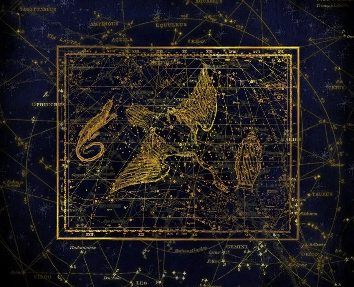 a close up of a map of the night sky, an illustration of, by Zofia Stryjenska, shutterstock, digital art, wings of a swan, 19th-century, golden ratio illustration, starry background