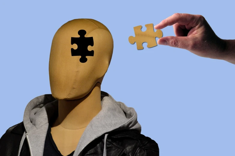 a person with a puzzle piece on their head, a jigsaw puzzle, by Jon Coffelt, precisionism, cross section of mannequin head, transplanted hand to head, hero shot, cardboard cutout