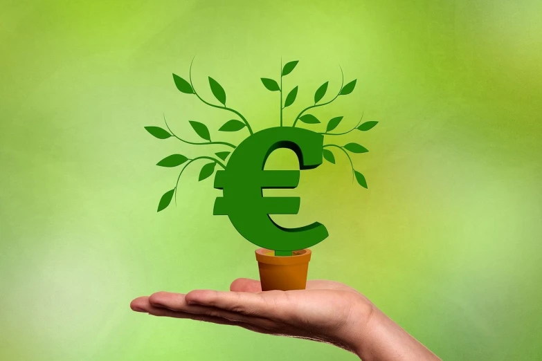 a hand holding a small pot with a plant growing out of it, by Mathias Kollros, pixabay, plasticien, currency symbols printed, high quality fantasy stock photo, european union, a green