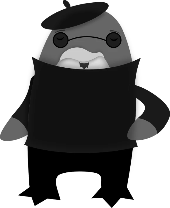 a black and white penguin wearing a hat, vector art, inspired by Kōno Michisei, reddit, purism, male robotic anthro dolphin, wearing a dark hood, scary picture, by :5 sexy: 7