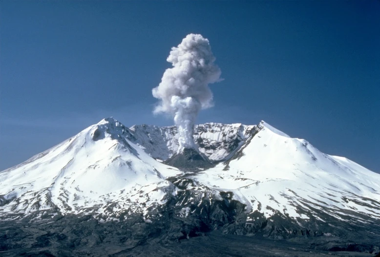 a mountain with a plume of smoke coming out of it, smoke columns, snowy peak, cone, u