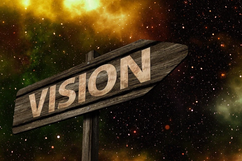 a wooden sign with the word vision written on it, by Kurt Roesch, shutterstock, precisionism, creation of the universe, an abstract spiritual background, tv show, invasion