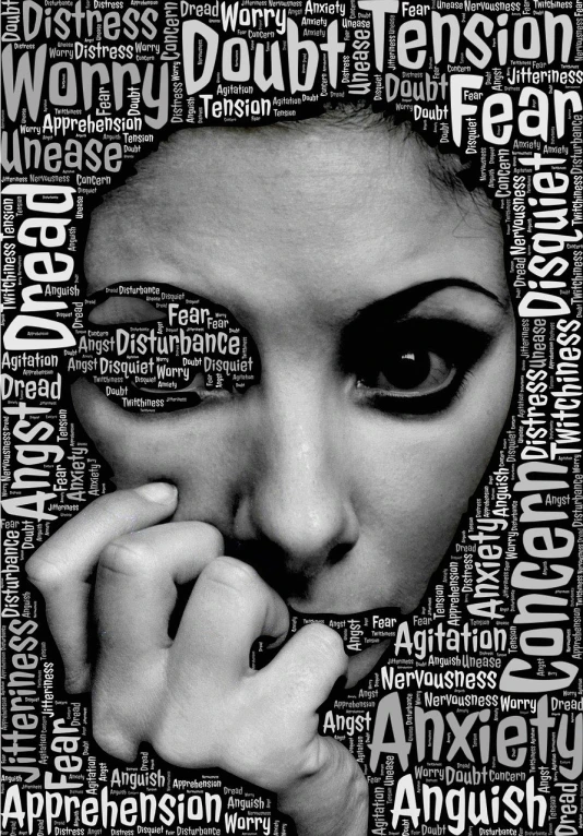 a black and white photo of a woman's face, a poster, trending on pixabay, graffiti, words, disease, anxious. highly detailed, surreal collage