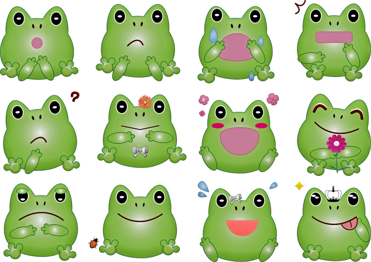 a bunch of green frogs with different expressions, by Gusukuma Seihō, pixabay, mingei, black!!!!! background, girls, ios, shiny!!