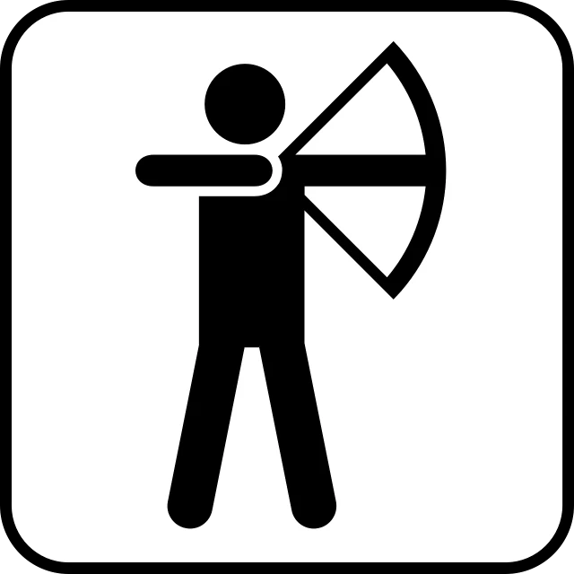 a black and white picture of a man with a bow and arrow, vector art, by Konrad Krzyżanowski, pixabay, hieroglyphic signs, 3 2 x 3 2, camp, arena