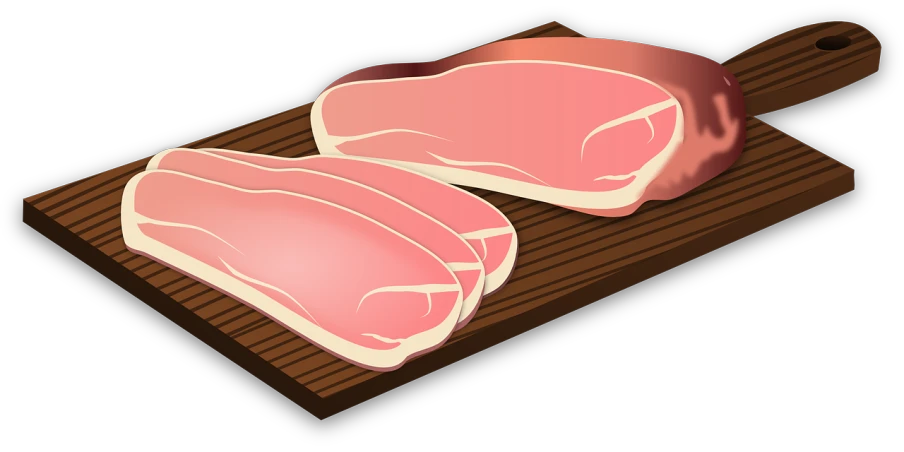 two pieces of meat on a cutting board, a digital rendering, by Hugh Hughes, pixabay, sōsaku hanga, porky pig, flattened, border, trio