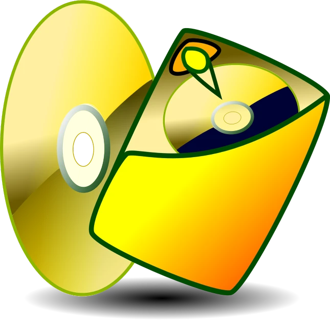 a yellow box with a cd inside of it, an illustration of, computer art, clip-art, sharp photo, gold and green, an illustration
