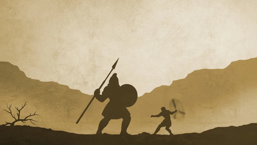 a couple of men standing on top of a hill, concept art, legendary god holding spear, david and goliath, facing off in a duel, siluettes