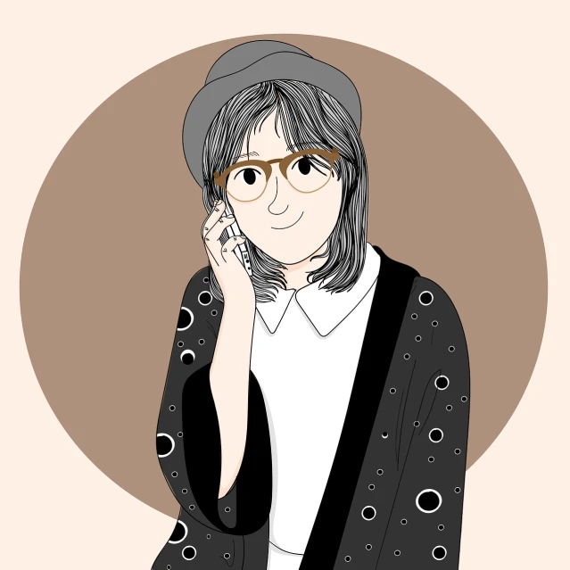 a drawing of a woman talking on a cell phone, a character portrait, ukiyo-e, moody neutral hipster tones, round glasses, editorial illustration, young and cute girl