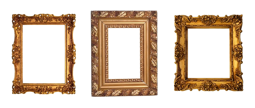 three ornate gold frames against a black background, a portrait, deviantart, ornate wood, rectangular piece of art, portal, various styles