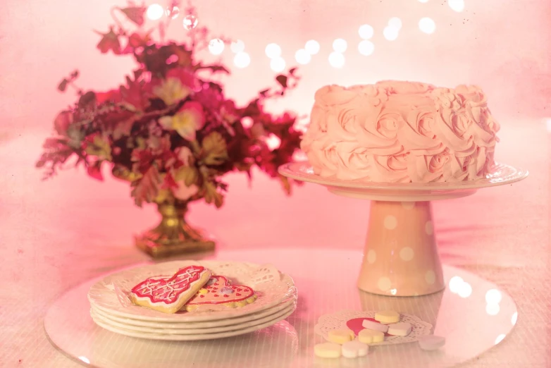a pink cake sitting on top of a white plate, a picture, by Rhea Carmi, pexels, romanticism, retro stylised, holiday, pink light, still life photo of a backdrop