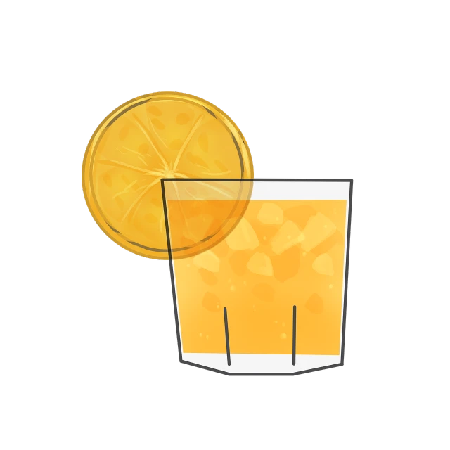 a glass of orange juice with a slice of orange, an illustration of, by Kinichiro Ishikawa, unsplash, renaissance, on a flat color black background, coin, random background scene, high detail illustration