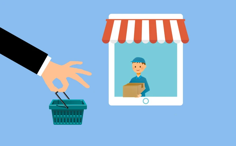 a person taking a picture of a person on a cell phone, a digital rendering, by Whitney Sherman, pixabay, shopping cart icon, delivering parsel box, exiting store, flat color