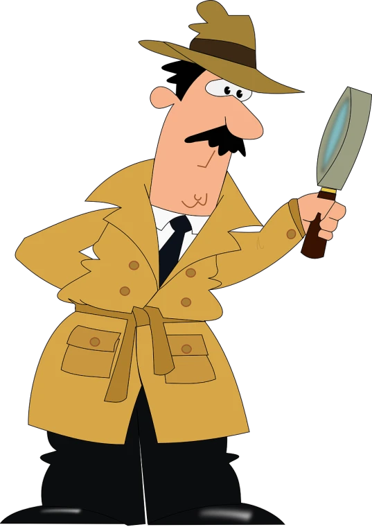 a cartoon man in a trench coat holding a magnifying glass, very sharp photo, animated cartoon series, crime scene photo, wikihow illustration