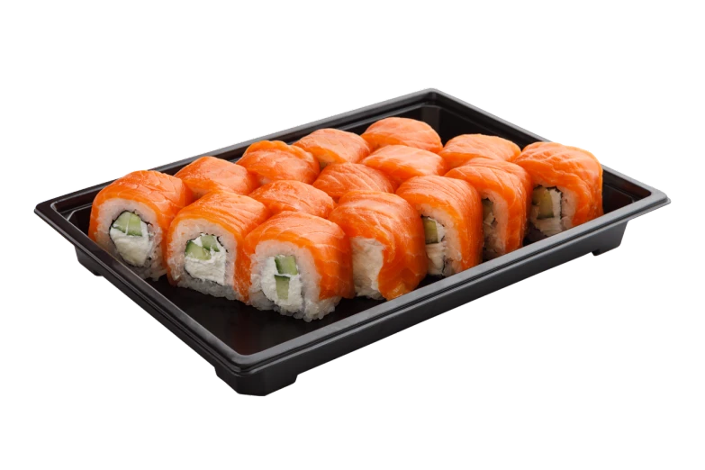 a close up of a tray of sushi, official product photo, on a black background, salmon, 35 mm product photo”