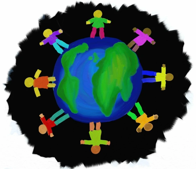 a drawing of people holding hands around the world, a digital rendering, by Susan Heidi, with a black background, children\'s illustration, flat earth, full body close-up shot