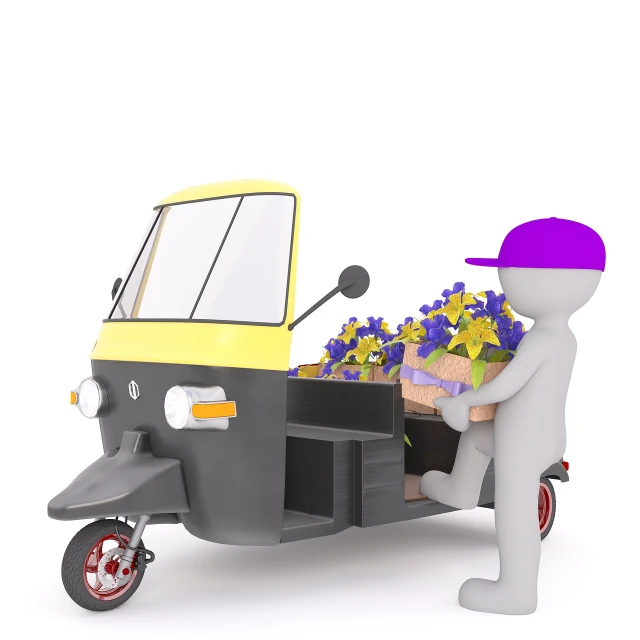 a person standing next to a tuk - tuk with flowers in it, a digital rendering, conceptual art, white background : 3, very accurate photo, guy using the purple fancy suit, delivering parsel box