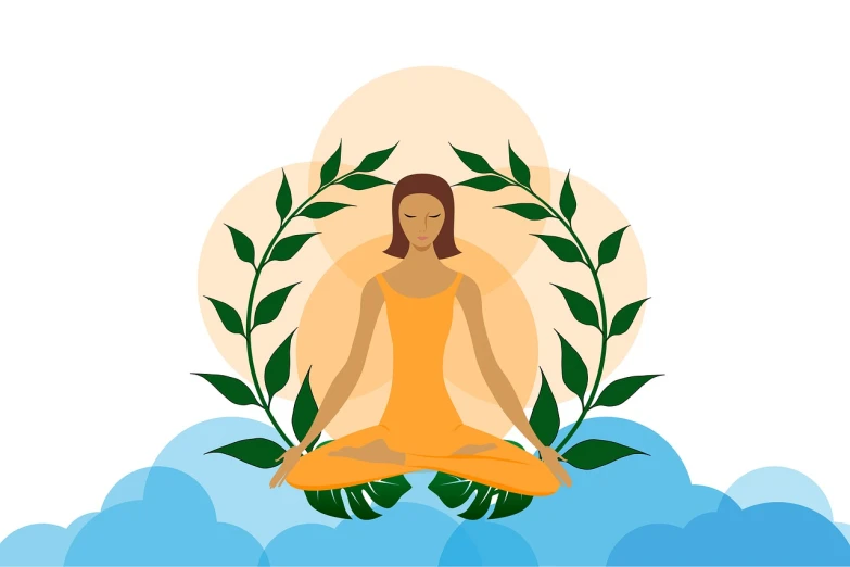 a woman is sitting in a lotus position, an illustration of, figuration libre, in laurel wreath, sun rise, environment friendly, symmetrical