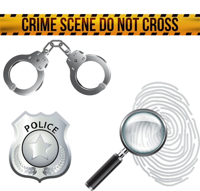 a pair of handcuffs and a magnifying glass, shutterstock, process art, police cars, cross, scene!!, cane